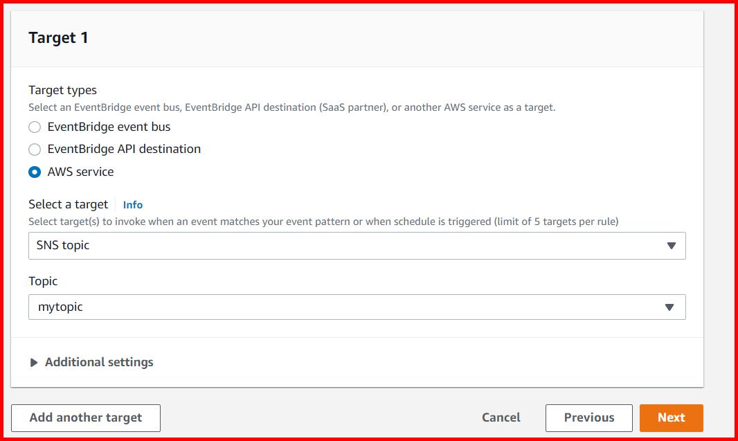 Picture showing specifying the target as SNS topic